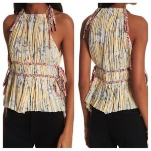 Rebecca Taylor Yellow Floral Pleated Halter Top